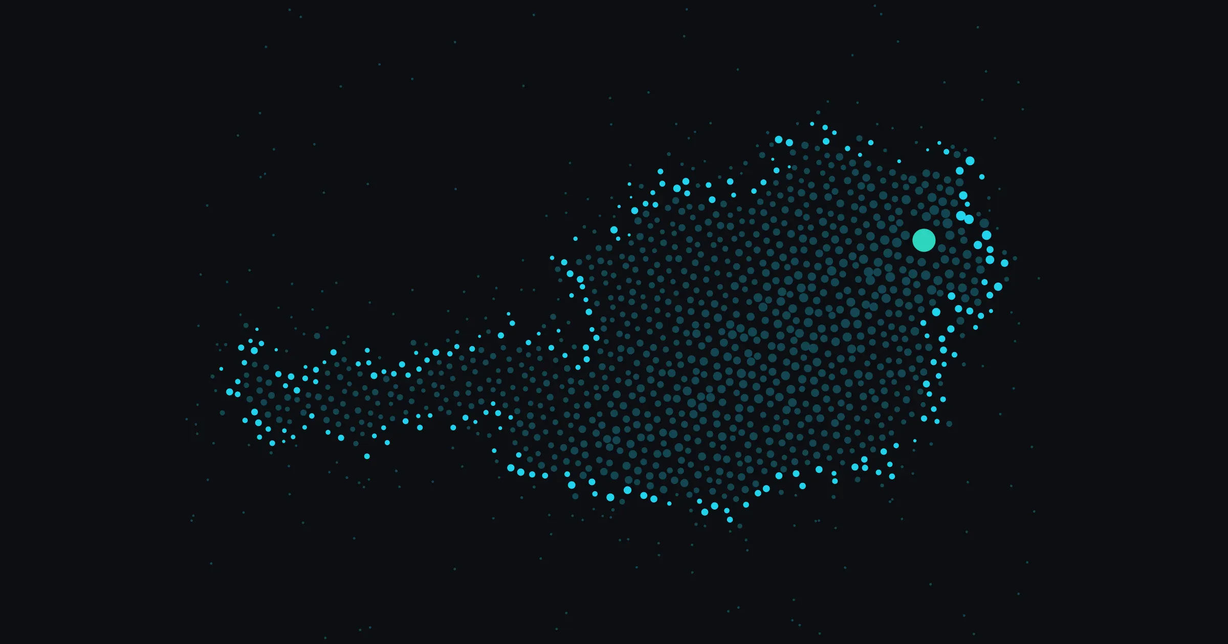 A map of Austria made of cyan dots on a dark background; at its edge the dots thin out into loose, smaller ones. A large teal dot marks Vienna in the east, and the dots get smaller towards the west.