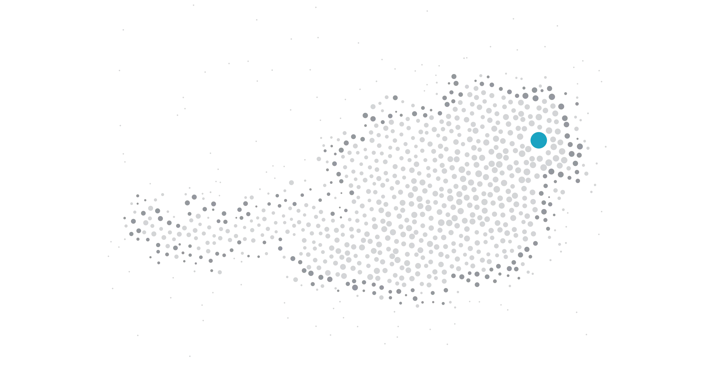 A map of Austria made of loosely scattered grey dots; at its edge the dots thin out into loose, smaller ones. A large cyan dot marks Vienna in the east, and the dots get smaller towards the west.